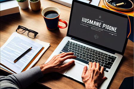 00017 Distance job, working at home concept. Man hand working on laptop computer with mobile phone and paper document on table at home officeの素材