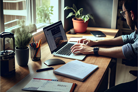 00017 Distance job, working at home concept. Man hand working on laptop computer with mobile phone and paper document on table at home officeの素材