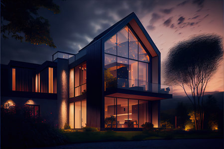 Evening view of a luxurious modern houseの素材