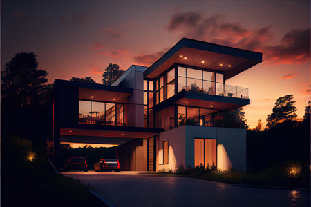 Evening view of a luxurious modern houseの素材