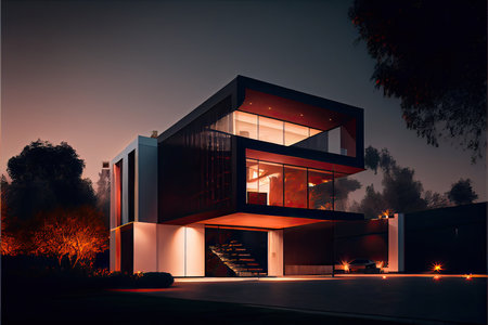 Evening view of a luxurious modern houseの素材