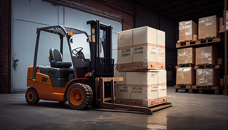 Forklift loads pallets and boxes in warehouseの素材