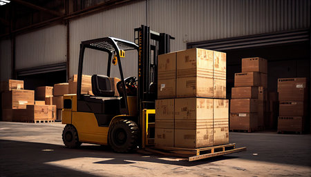Forklift loads pallets and boxes in warehouseの素材