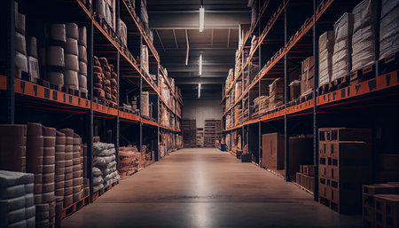 Large industrial warehouse with shelves full of goodsの素材