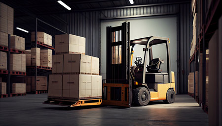 Forklift loads pallets and boxes in warehouseの素材