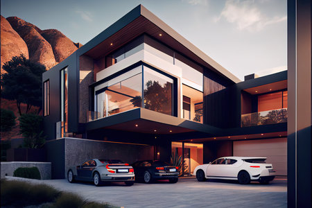 Evening view of a luxurious modern houseの素材