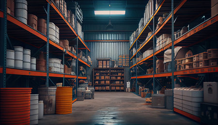 Large industrial warehouse with shelves full of goodsの素材