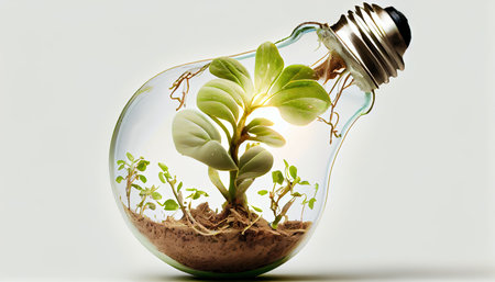 Light Bulb with sprout inside isolated in white background Small plant growing inside a lightbulbの素材