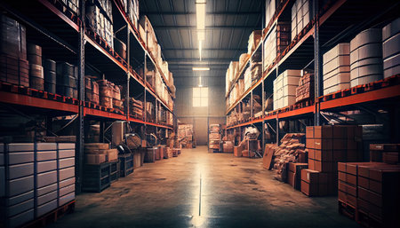 Large industrial warehouse with shelves full of goodsの素材