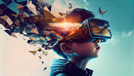 AI Metaverse concept collage design with wearing VR headset with smart glasses futuristic technologyの素材
