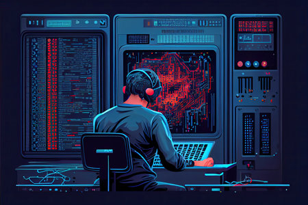 Blockchain technology and network concept Businessman blockchain in hand with icons network connection on blue security and digital connection backgroundの素材