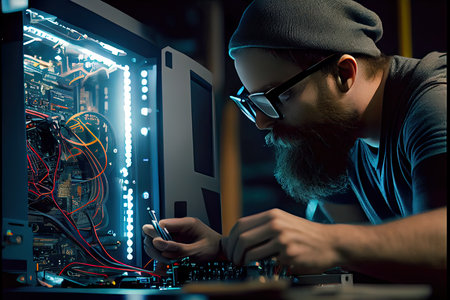 Blockchain technology and network concept Businessman blockchain in hand with icons network connection on blue security and digital connection backgroundの素材