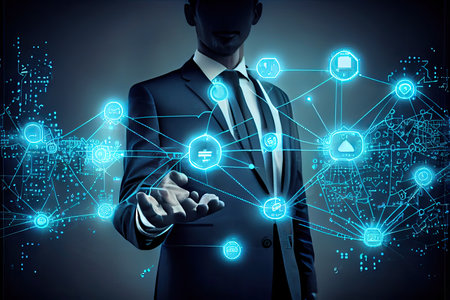 Blockchain technology and network concept Businessman blockchain in hand with icons network connection on blue security and digital connection backgroundの素材