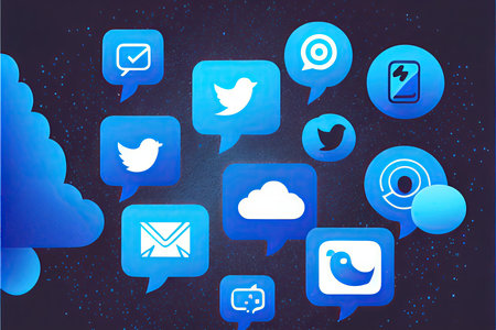 web site article image, material design, dark blue gradient background, megaphone in the left side of image, social networks iconの素材
