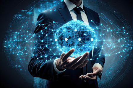 Blockchain technology and network concept Businessman blockchain in hand with icons network connection on blue security and digital connection backgroundの素材
