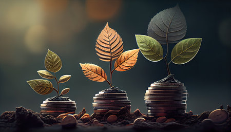 a row of stacks of coins with a plant growing out of them. Tree leaf on save money coins, Business finance saving banking investment conceptの素材