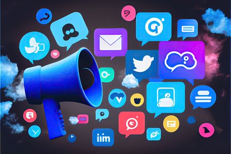 web site article image, material design, dark blue gradient background, megaphone in the left side of image, social networks iconの素材