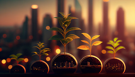 a row of stacks of coins with a plant growing out of them. Tree leaf on save money coins, Business finance saving banking investment conceptの素材