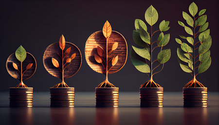 a row of stacks of coins with a plant growing out of them. Tree leaf on save money coins, Business finance saving banking investment conceptの素材
