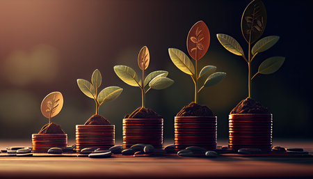 a row of stacks of coins with a plant growing out of them. Tree leaf on save money coins, Business finance saving banking investment conceptの素材