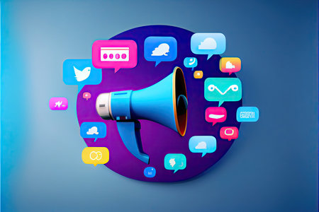 web site article image, material design, dark blue gradient background, megaphone in the left side of image, social networks iconの素材