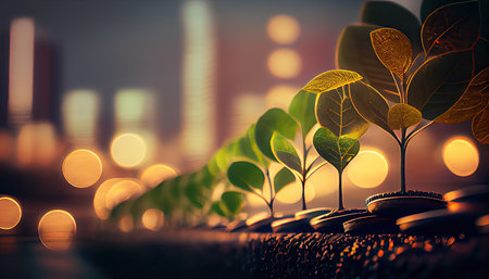 a row of stacks of coins with a plant growing out of them. Tree leaf on save money coins, Business finance saving banking investment conceptの素材