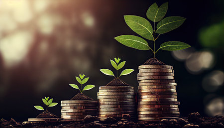 a row of stacks of coins with a plant growing out of them. Tree leaf on save money coins, Business finance saving banking investment conceptの素材
