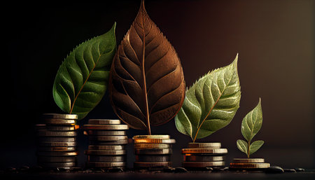 a row of stacks of coins with a plant growing out of them. Tree leaf on save money coins, Business finance saving banking investment conceptの素材