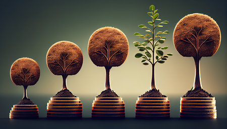 a row of stacks of coins with a plant growing out of them. Tree leaf on save money coins, Business finance saving banking investment conceptの素材