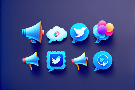 web site article image, material design, dark blue gradient background, megaphone in the left side of image, social networks iconの素材