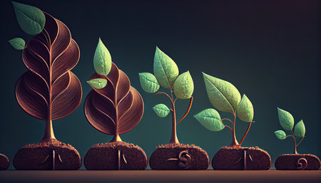 a row of stacks of coins with a plant growing out of them. Tree leaf on save money coins, Business finance saving banking investment conceptの素材