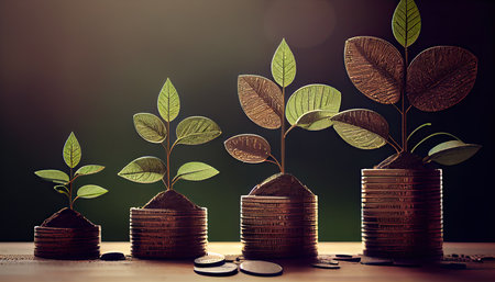 a row of stacks of coins with a plant growing out of them. Tree leaf on save money coins, Business finance saving banking investment conceptの素材