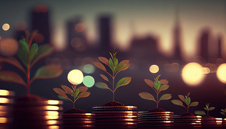 a row of stacks of coins with a plant growing out of them. Tree leaf on save money coins, Business finance saving banking investment conceptの素材