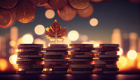 a row of stacks of coins with a plant growing out of them. Tree leaf on save money coins, Business finance saving banking investment conceptの素材