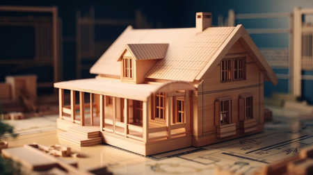 blueprint designs and a home model for a construction project. Background in real estate, housing project building, and engineering design. plans for residential construction AI Generateの素材