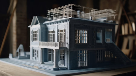 blueprint designs and a home model for a construction project. Background in real estate, housing project building, and engineering design. plans for residential construction AI Generateの素材