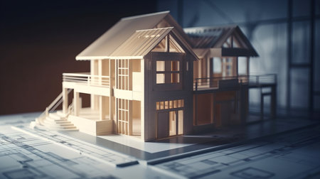 blueprint designs and a home model for a construction project. Background in real estate, housing project building, and engineering design. plans for residential construction AI Generateの素材
