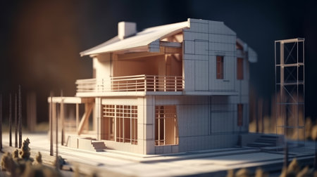 blueprint designs and a home model for a construction project. Background in real estate, housing project building, and engineering design. plans for residential construction AI Generateの素材