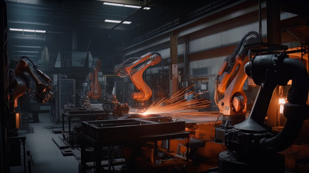 Robotic arms working at the futuristic factory industrial welding robots AI Generateの素材