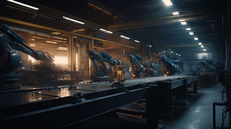 Robotic arms working at the futuristic factory industrial welding robots AI Generateの素材