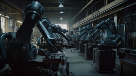 Robotic arms working at the futuristic factory industrial welding robots AI Generateの素材