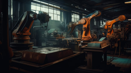 Robotic arms working at the futuristic factory industrial welding robots AI Generateの素材