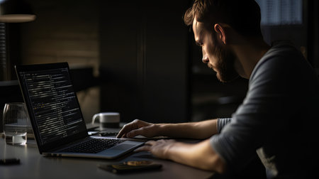 Website developer working using laptop at the office on wooden AI Generateの素材