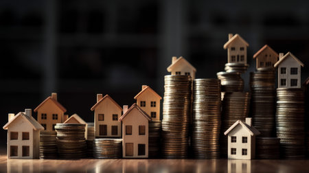 Concept Real Estate Housing Tiny houses surrounded by coin stacks The housing market Generative AIの素材