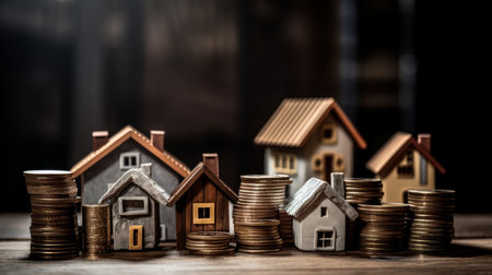 Concept Real Estate Housing Tiny houses surrounded by coin stacks The housing market Generative AIの素材
