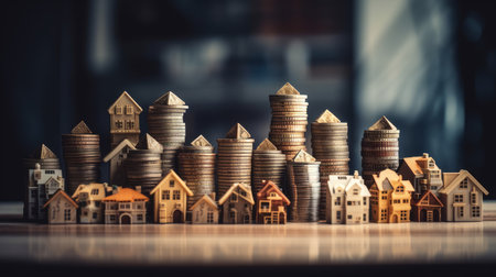 Concept Real Estate Housing Tiny houses surrounded by coin stacks The housing market Generative AIの素材