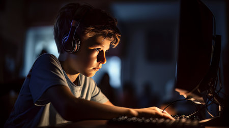 young gamer sat at a desk playing a video game Generative AIの素材