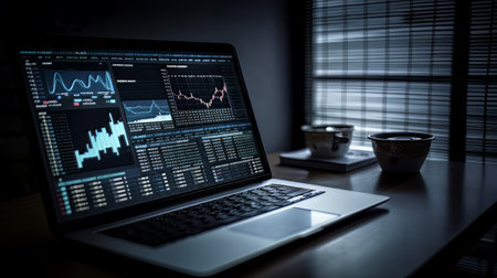 Working with the computer in business analytics working with business analysis and data management systems on the computer online document management and database related metrics AI Generateの素材