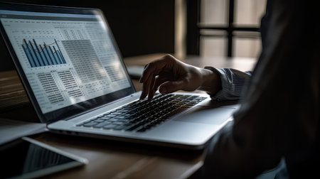 Working with the computer in business analytics working with business analysis and data management systems on the computer online document management and database related metrics AI Generateの素材
