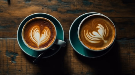 Cups Cappuccino on a Wooden Surface Background Generative AIの素材